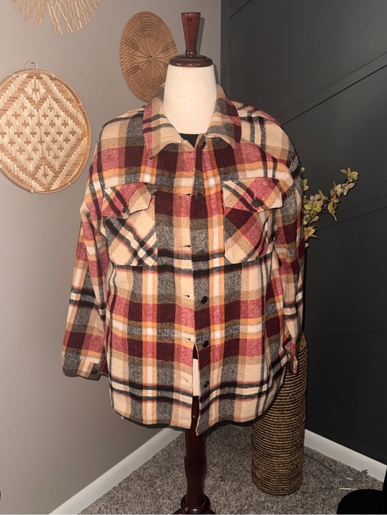 Source Unknown Jackets & Blazers - Boutique Plaid Shacket Jacket Cream & Burgundy cozy plaid trendy fall layer